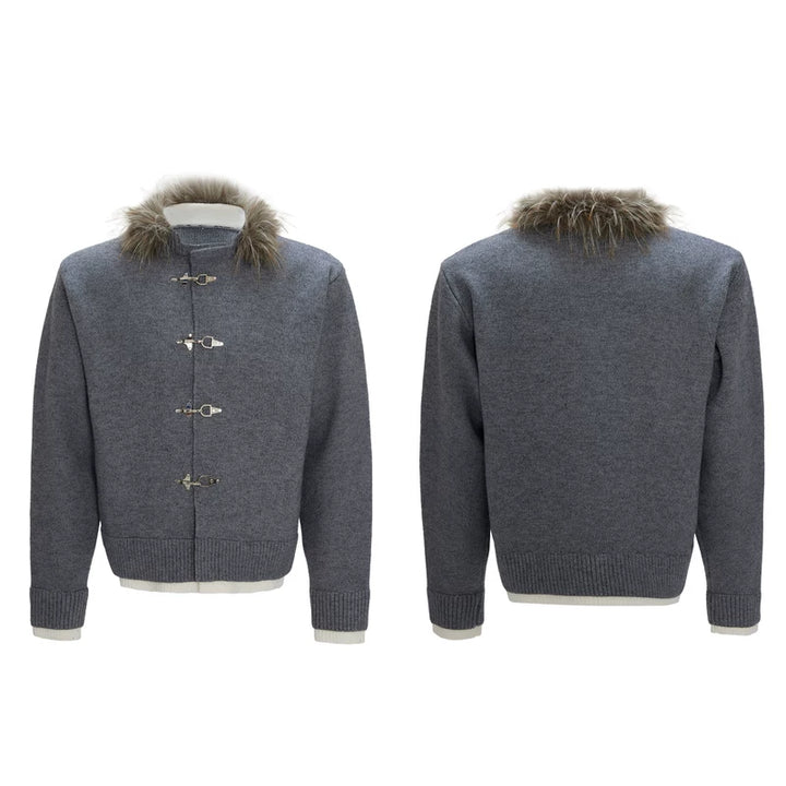 Metal Buttons Fur Collar Knit Sweater