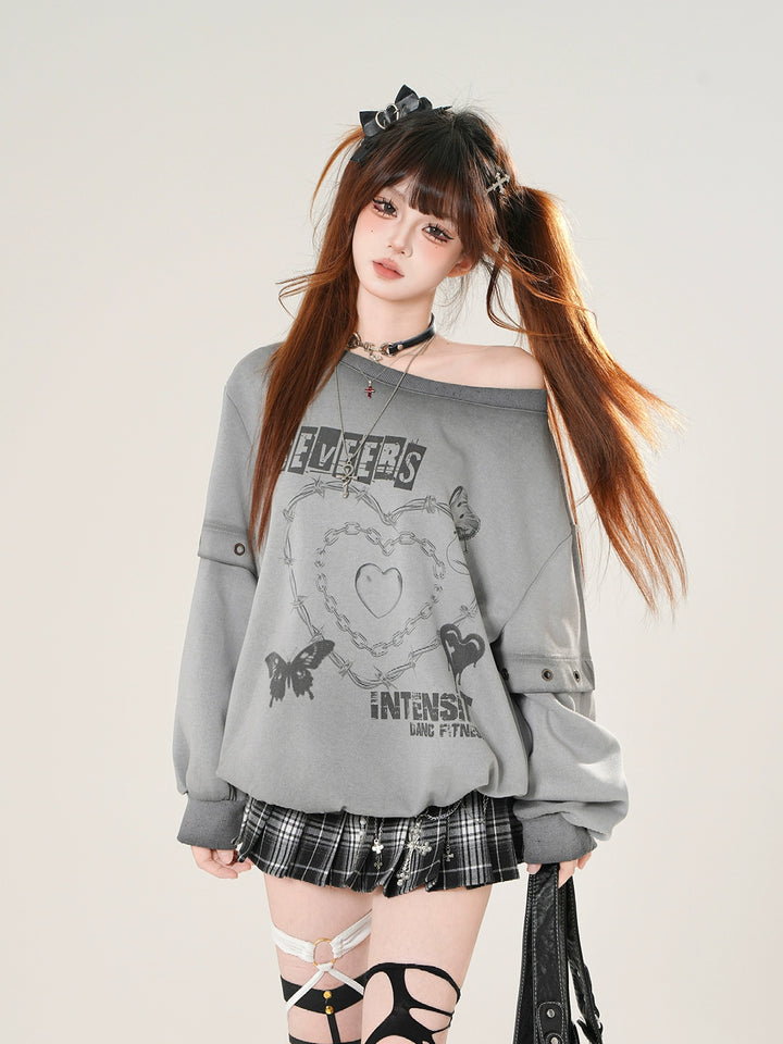 Off-Shoulder Graphic Loose Sweatshirt
