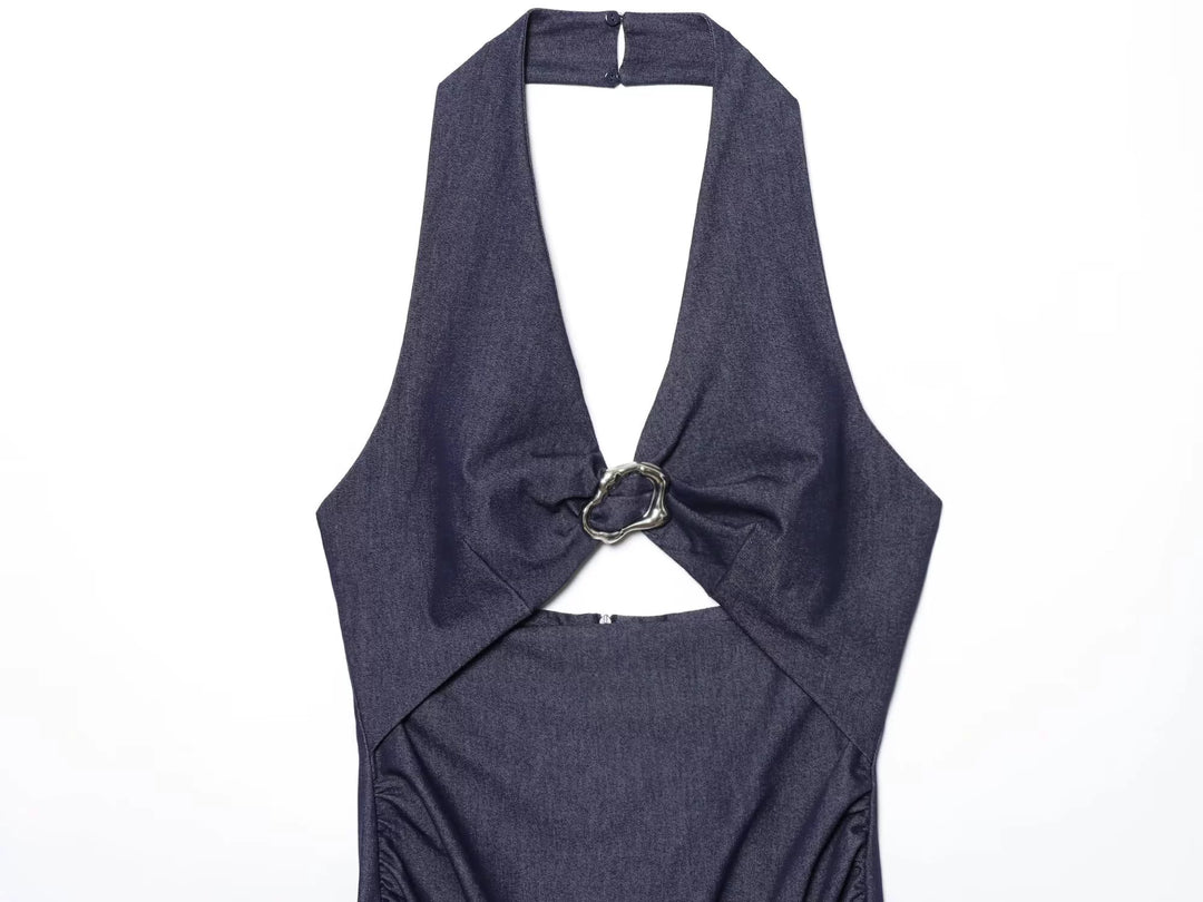 Vestido Midi com Decote Halter de Design Aberto 