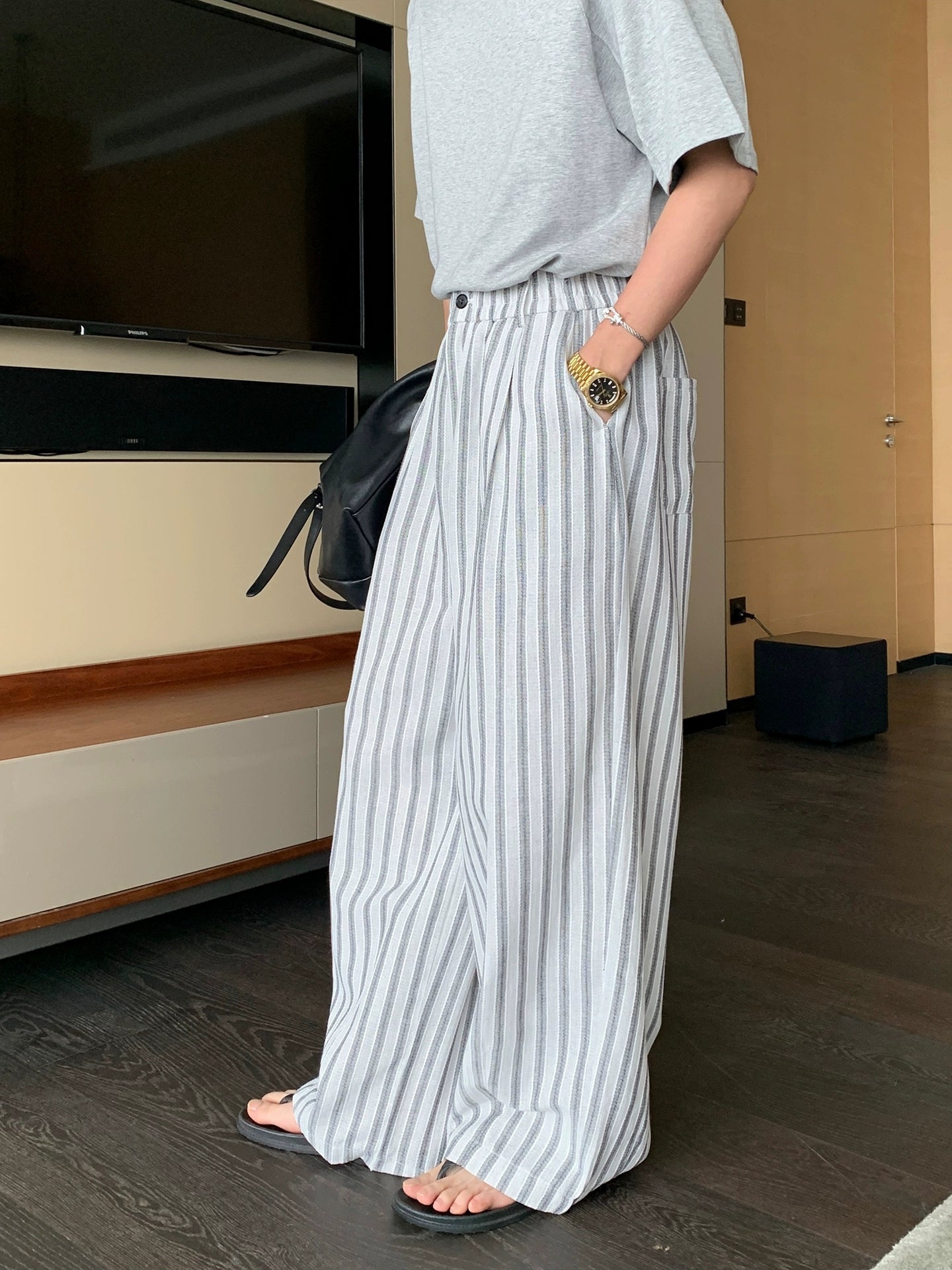 Striped Cotton Wide Leg Elastic Pants