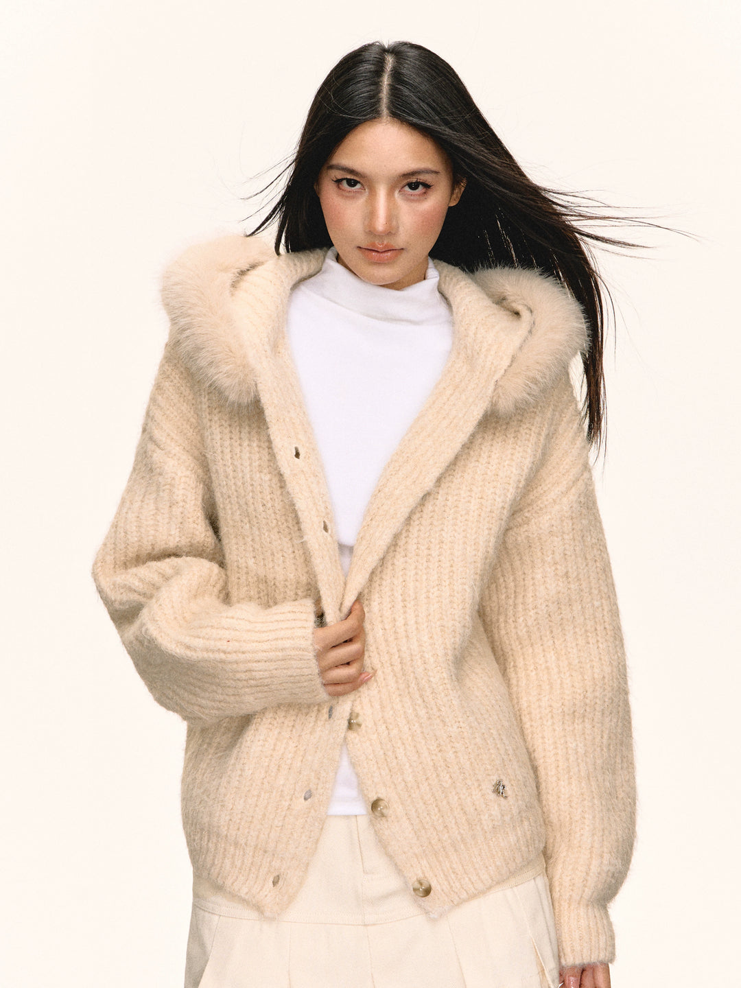 Faux pelskrage strikket cardigan 