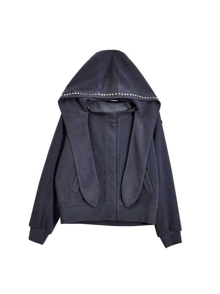 Rivet Hooded Rabbit Ear Sweatshirt Cardigan