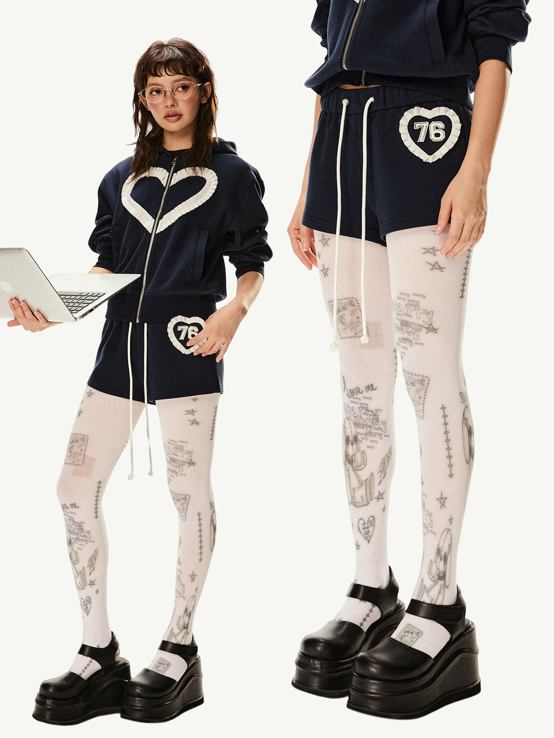 Retro Patch Hooded Cardigan Pants Set