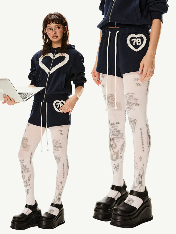 Retro Patch Hooded Cardigan Pants Set