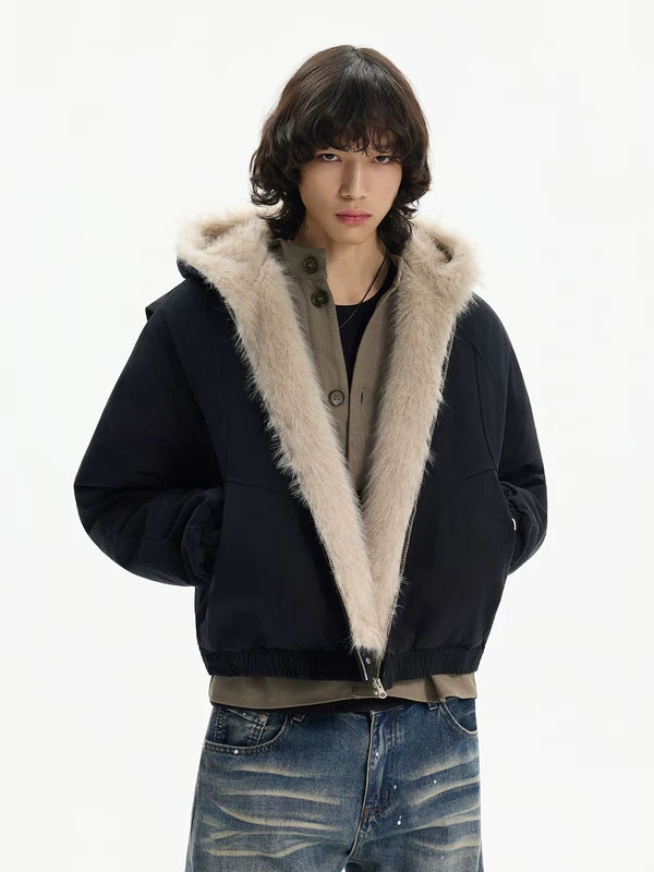 Faux-Fur-Kragen Kapuzen-Pufferjacke 