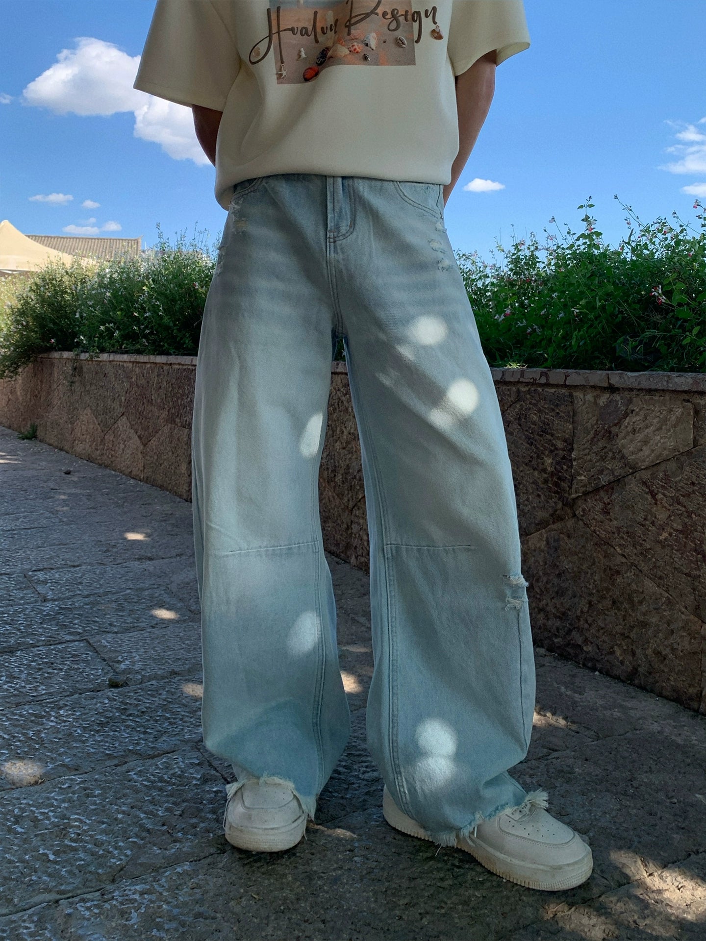 Ripped Wide-Leg Raw Edge Jeans