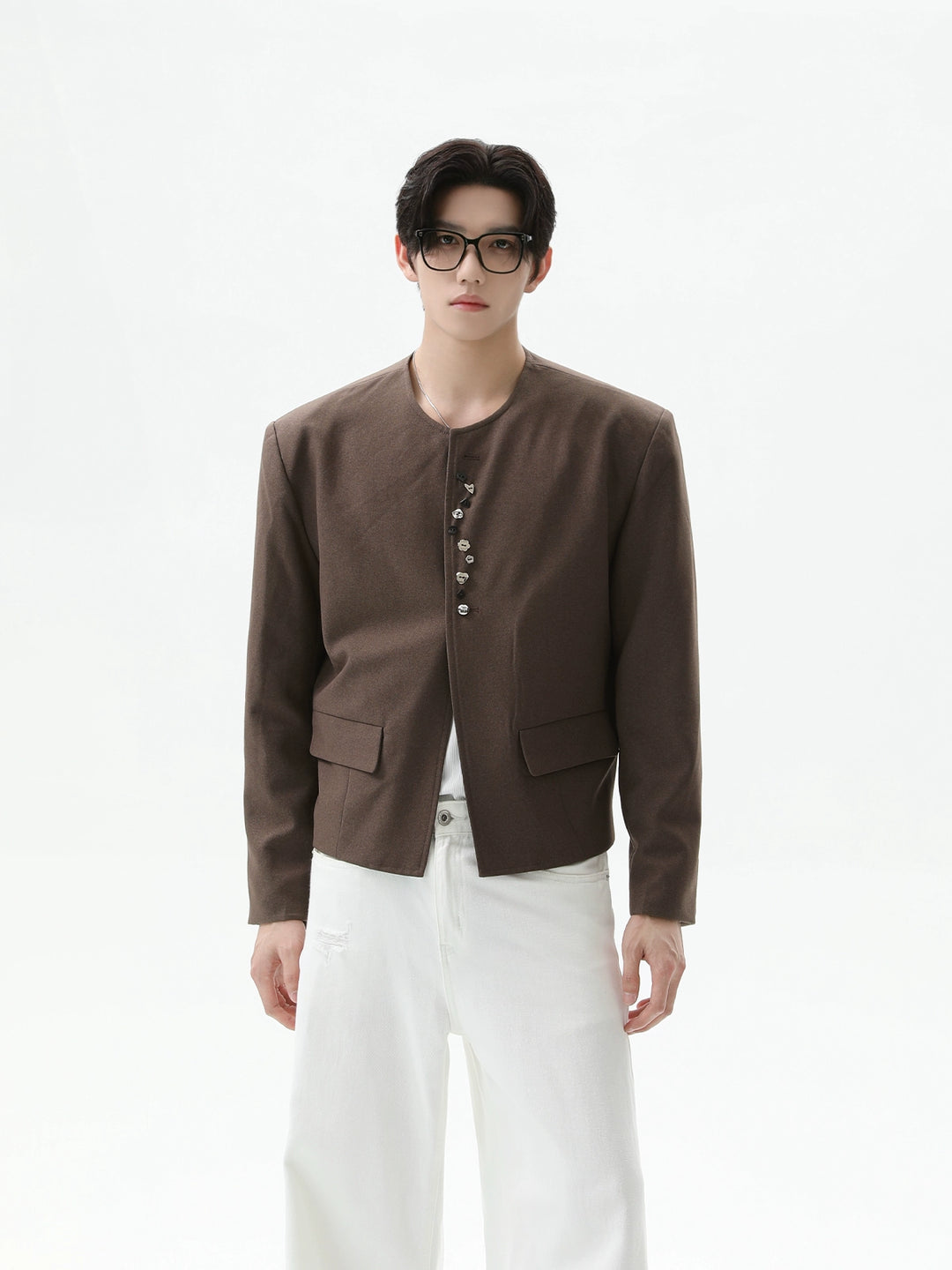 Veste de costume à boutons sans col rétro 