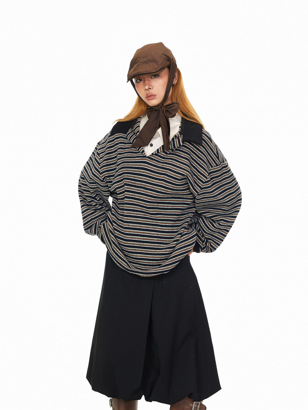 Striped Polo Collar Long Sleeve Hoodie