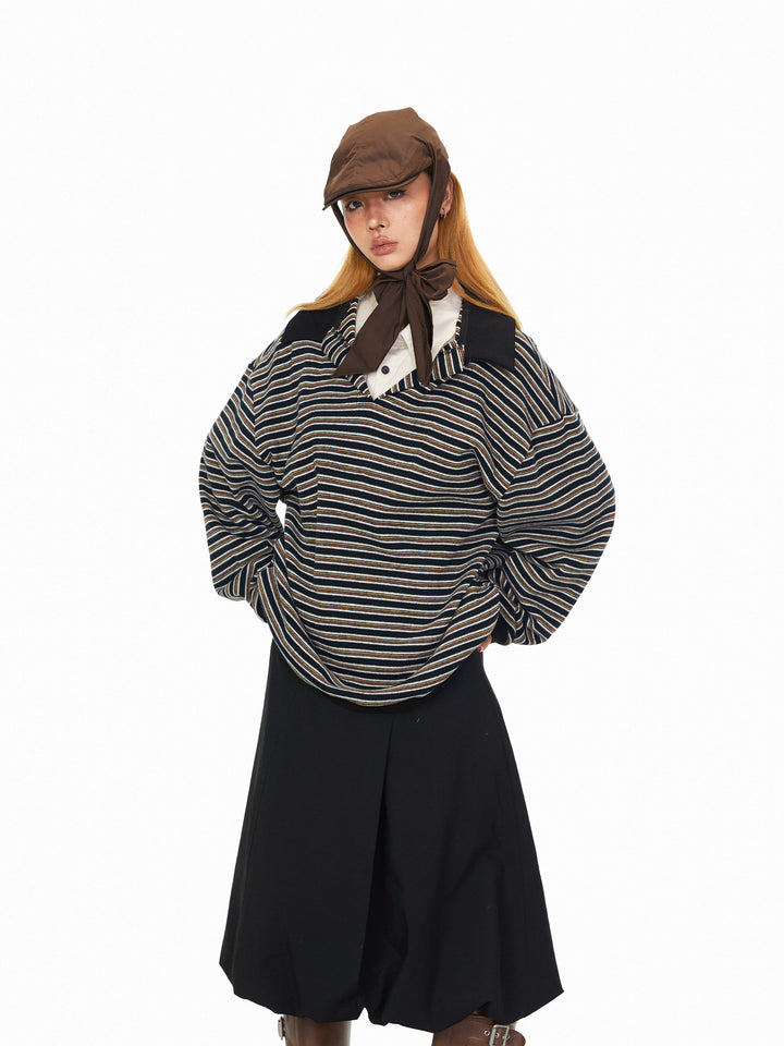 Striped Polo Collar Long Sleeve Hoodie