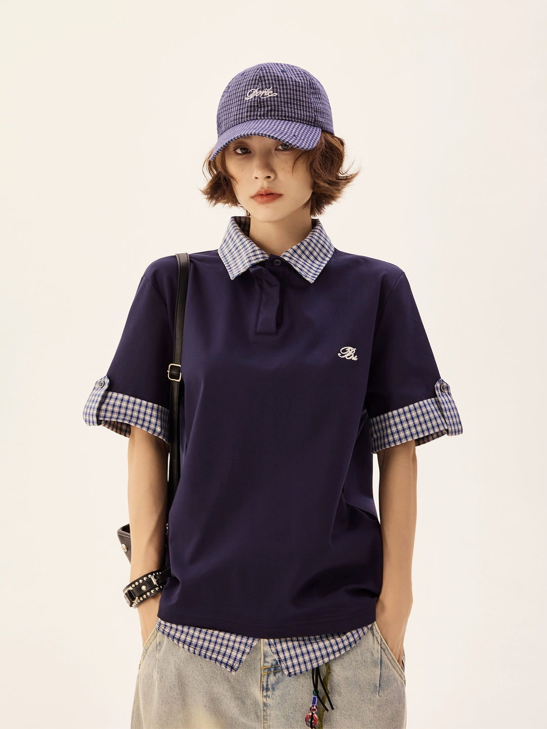 Plaid Stitching Lapel Polo Short Sleeve Shirt