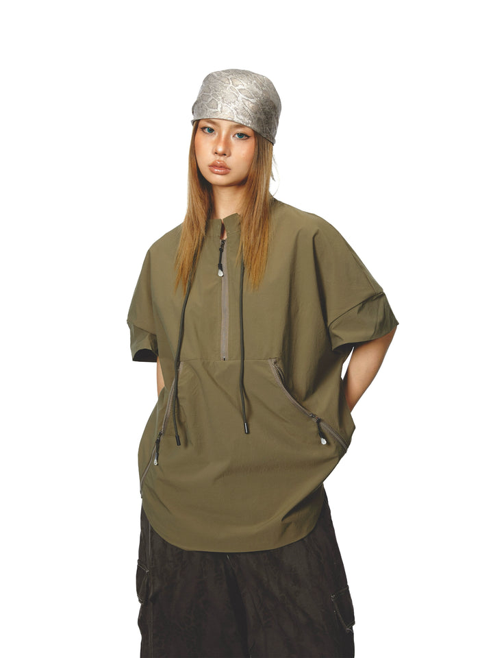 Half Zip Stand Collar Short Sleeve Top