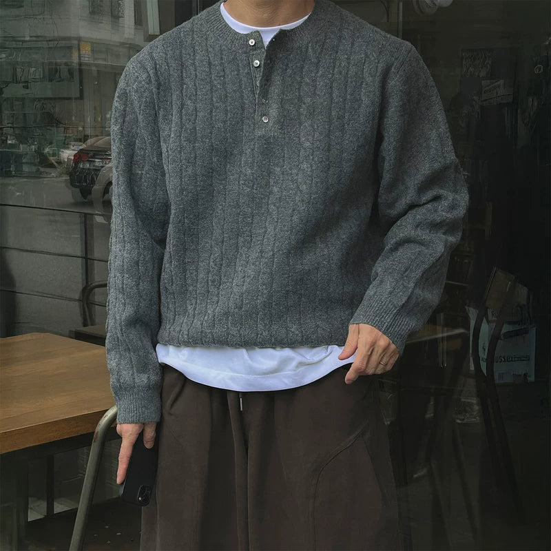 Henley Collar Knit Long Sleeve Sweater