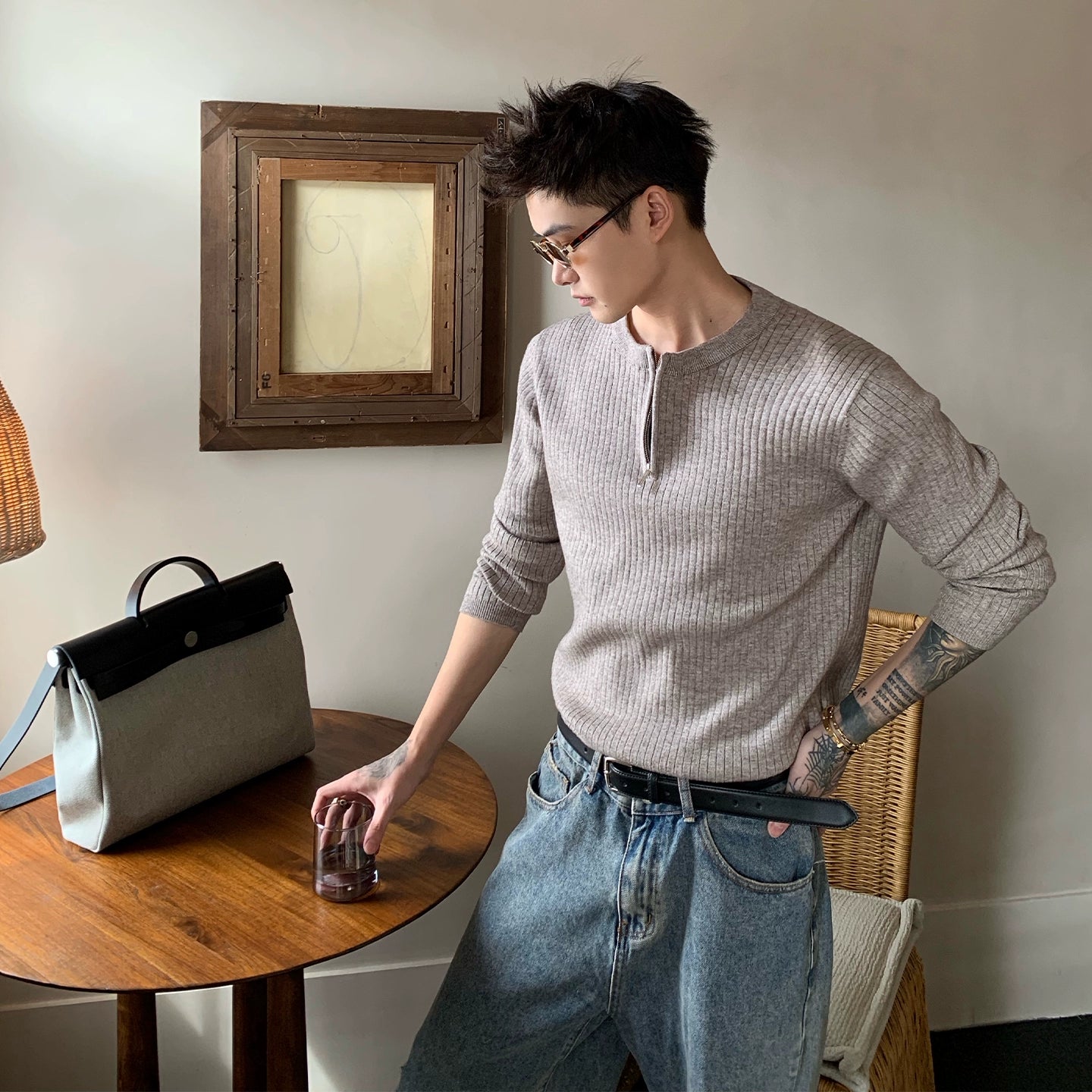 Half Zip Ribbed Knit Pullover