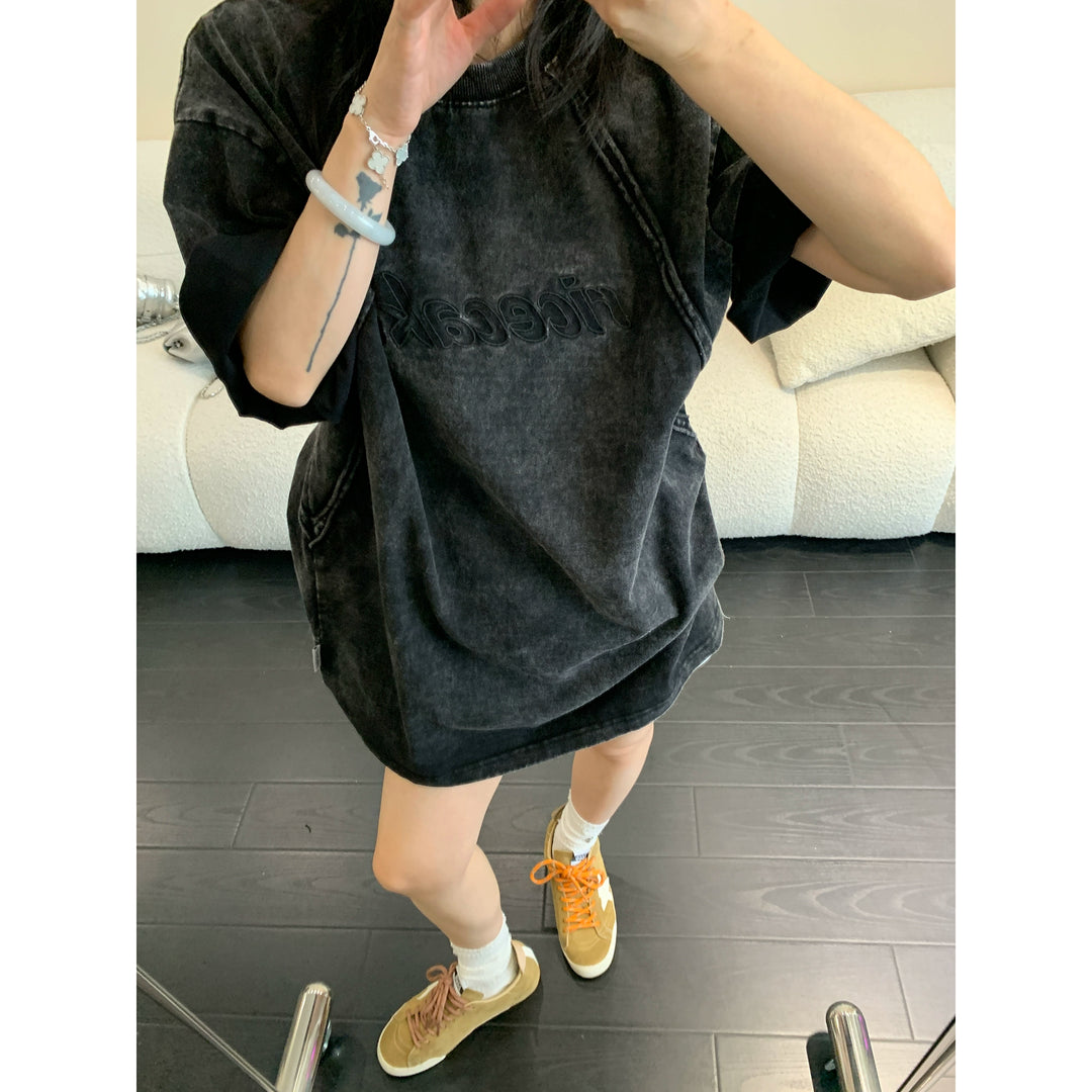 Distressed Embroidered Washed Short Sleeve Turtleneck