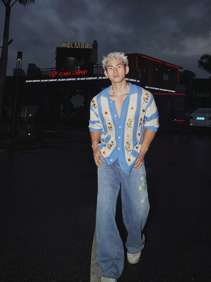 Camisa de manga corta de ganchillo bordada con flores 