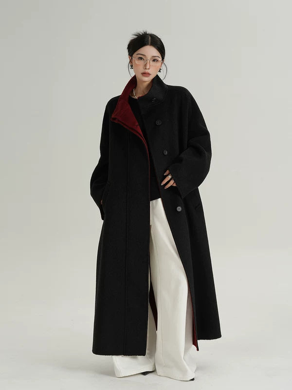Двустороннее пальто с завязками на шее из длинной шерсти 