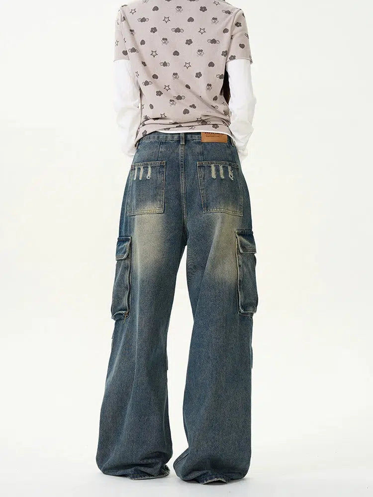 Retro Pleated Multi-Pocket Workwear Jeans