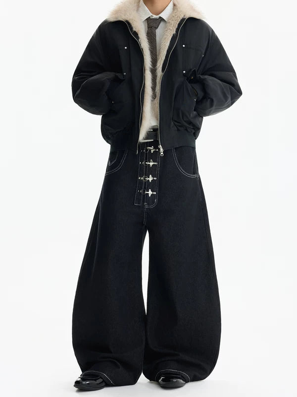 Kalhoty s širokými nohavicemi a detaily s přezkou z raw denimu 