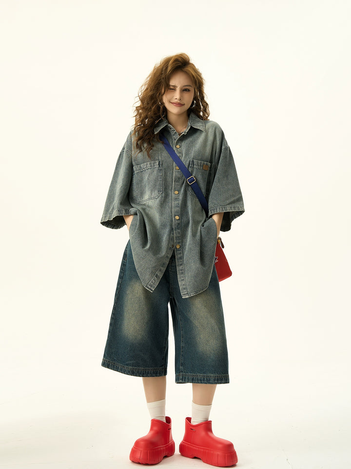 Oversized Short Sleeve Distressed Denim Shirt