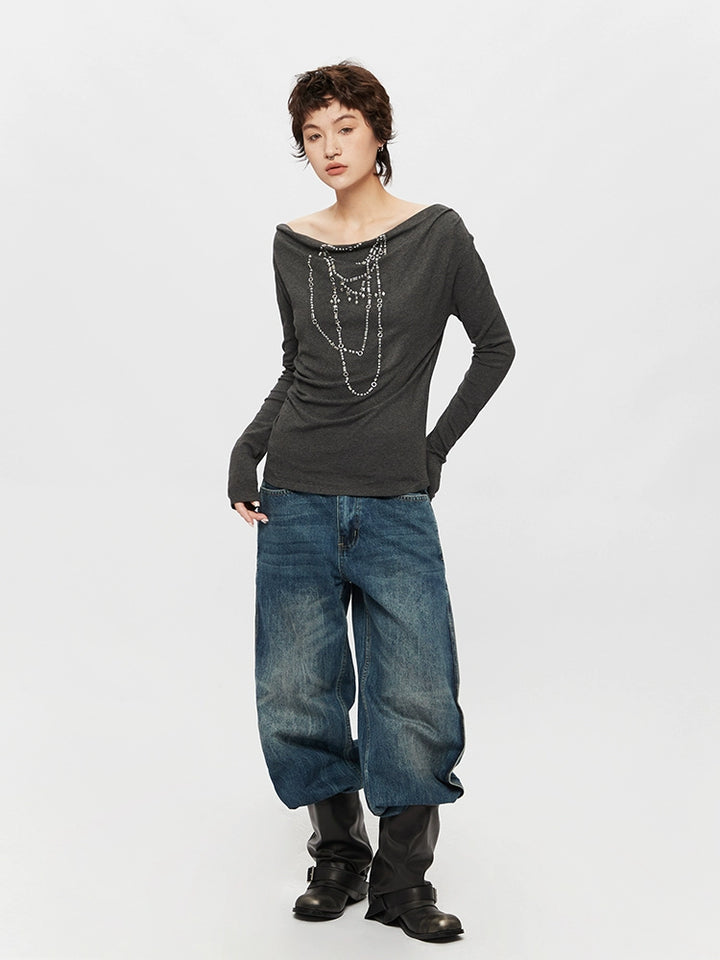 Asymmetrical Neck Long Sleeve Turtleneck Top