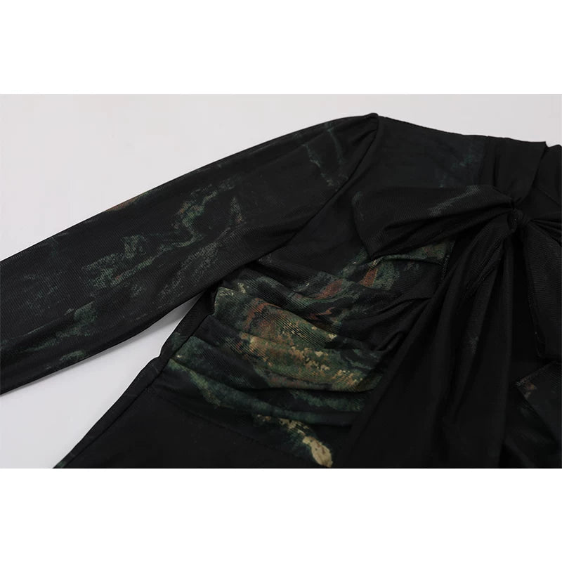 Vestido Maxi de Malla con Lazo de Manga Larga 