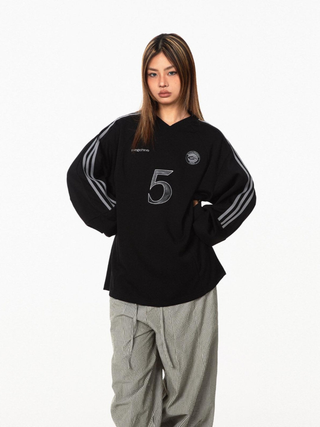 V-Ausschnitt gestreifter Sport-Hoodie Sweatshirt 