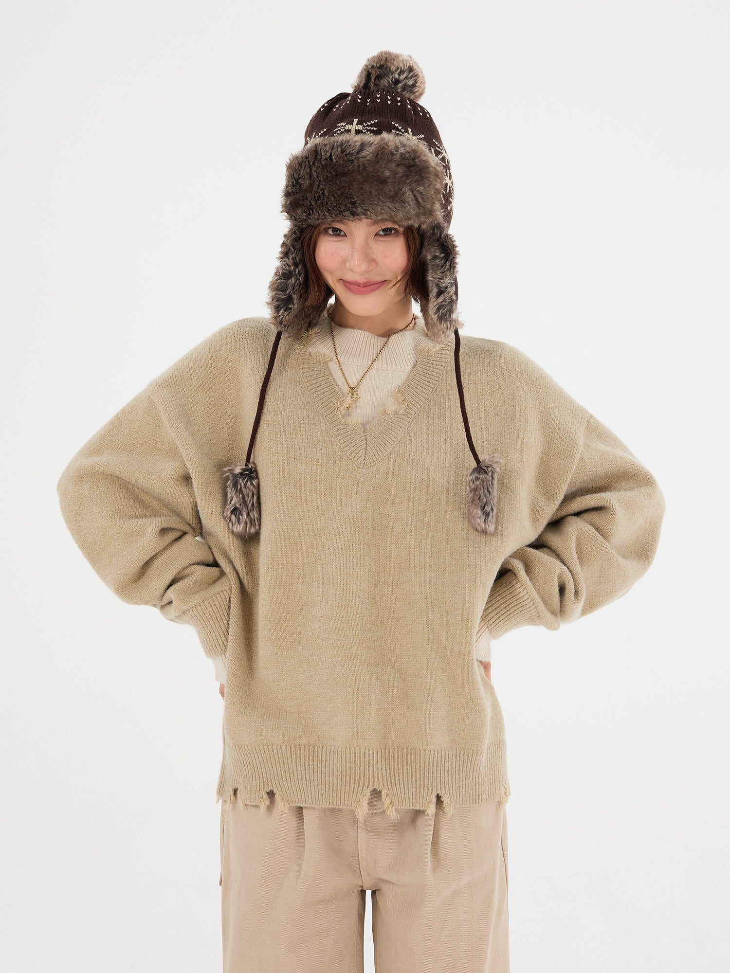 ルーズニット ダメージヘムのツーピースセーター 