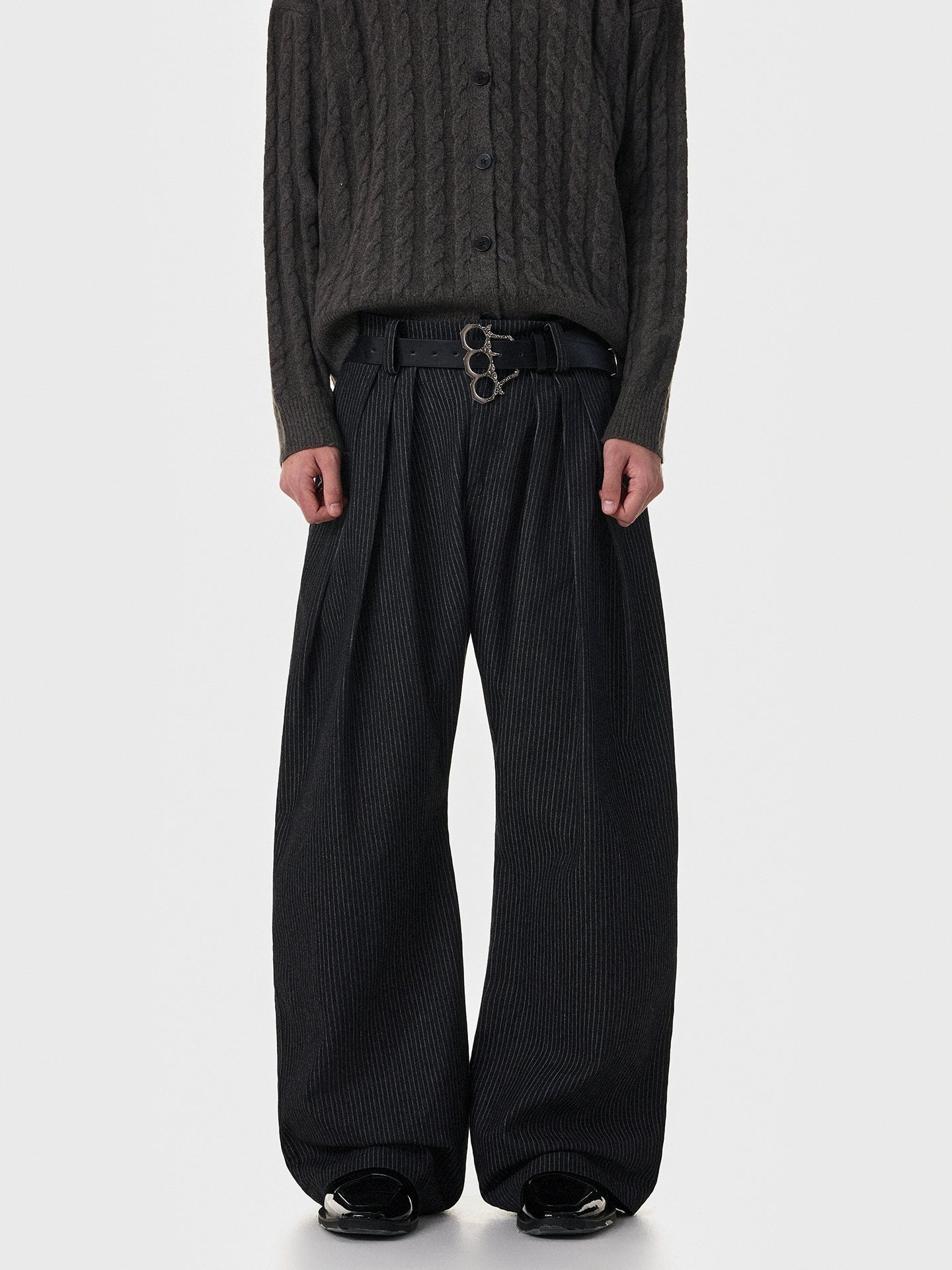 Üç Plise Çizgili Geniş Paça Kot Pantolon 