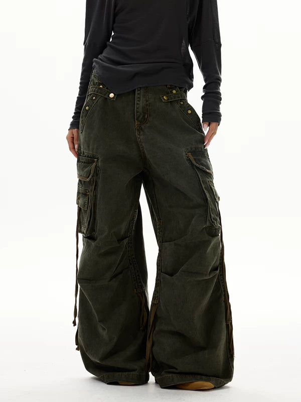 레트로 와이드 레그 펑크 카고 팬츠 