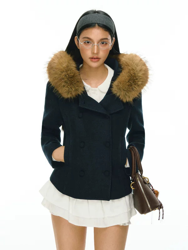 Giacca imbottita doppiopetto con cappuccio in pelliccia sintetica 