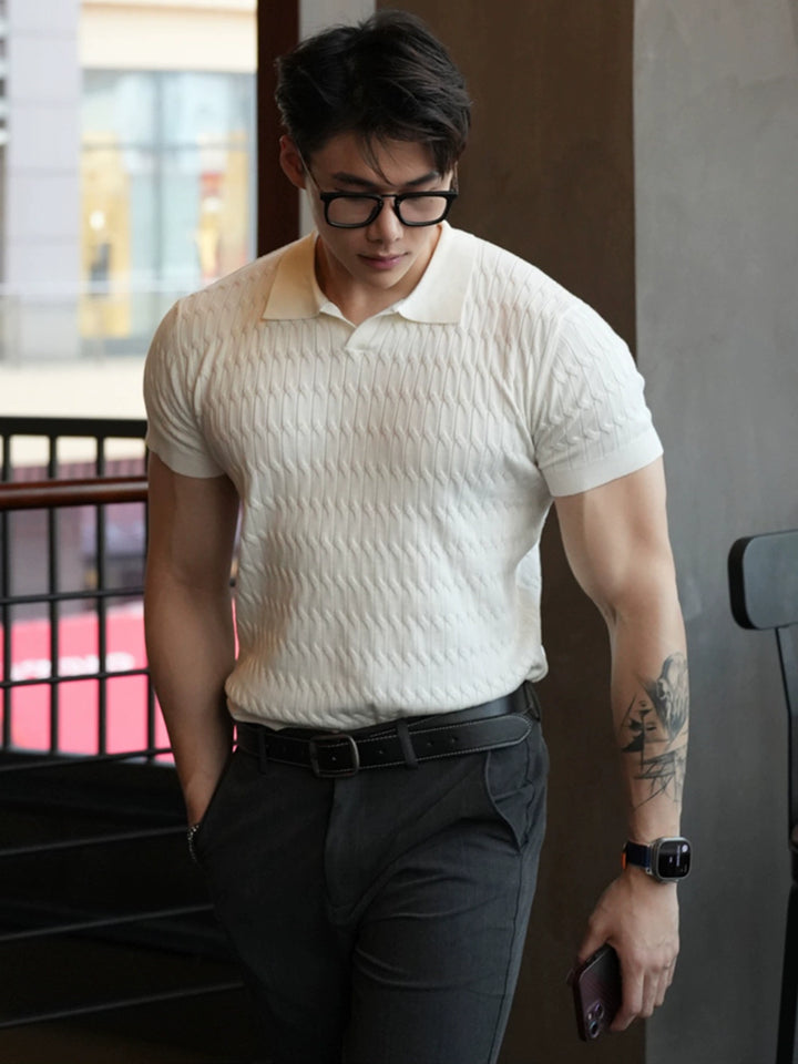 Slim Fit Stickad Polotröja Kort Ärmar 