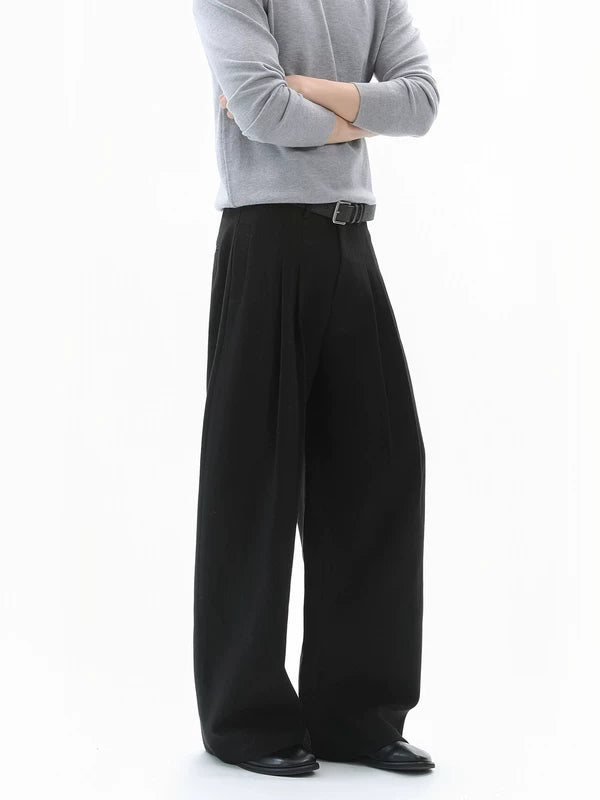 와이드 레그 더블 플리츠 울 팬츠 