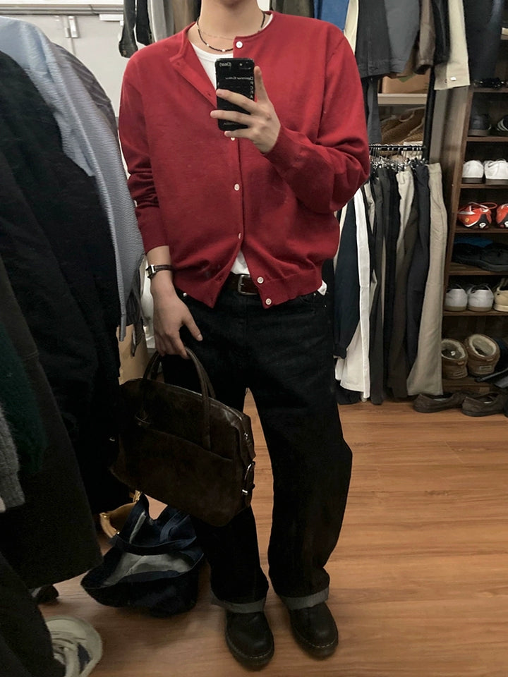 Red Knitted Cardigan with Button Front