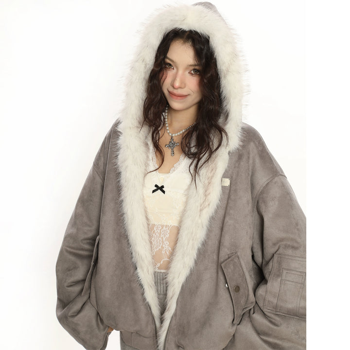 Suede Double-Sided Faux Fur Hooded Coat