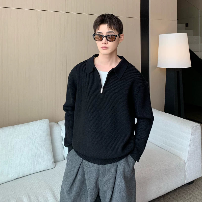 Sweter z dzianiny z kołnierzykiem polo na pół zamek 