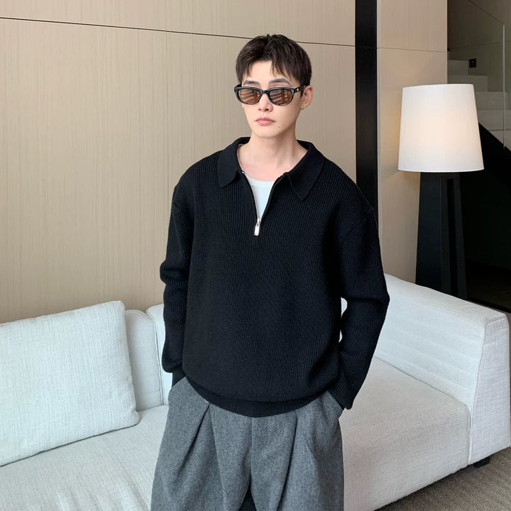 Sweter z dzianiny z kołnierzykiem polo na pół zamek 