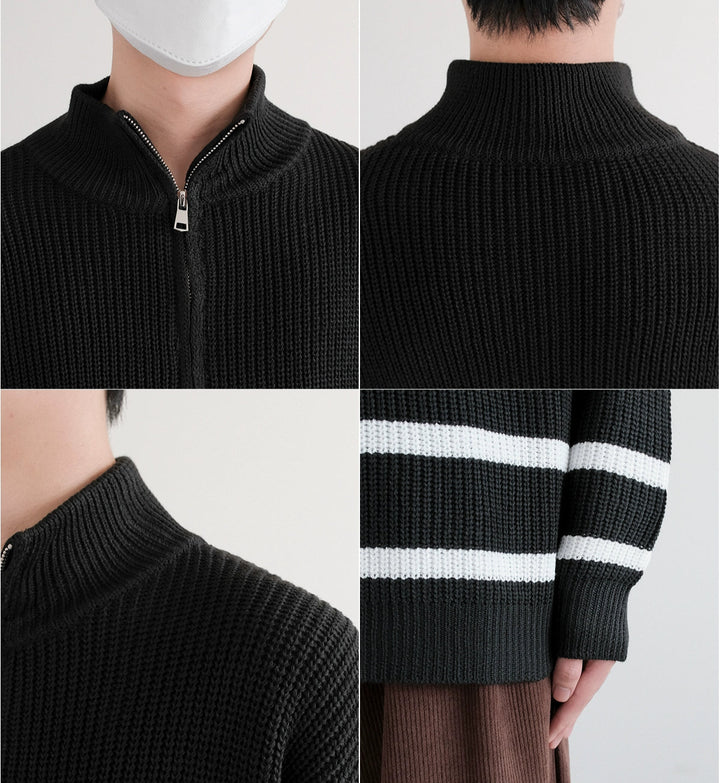 Half-Zip Stand Collar Striped Sweater