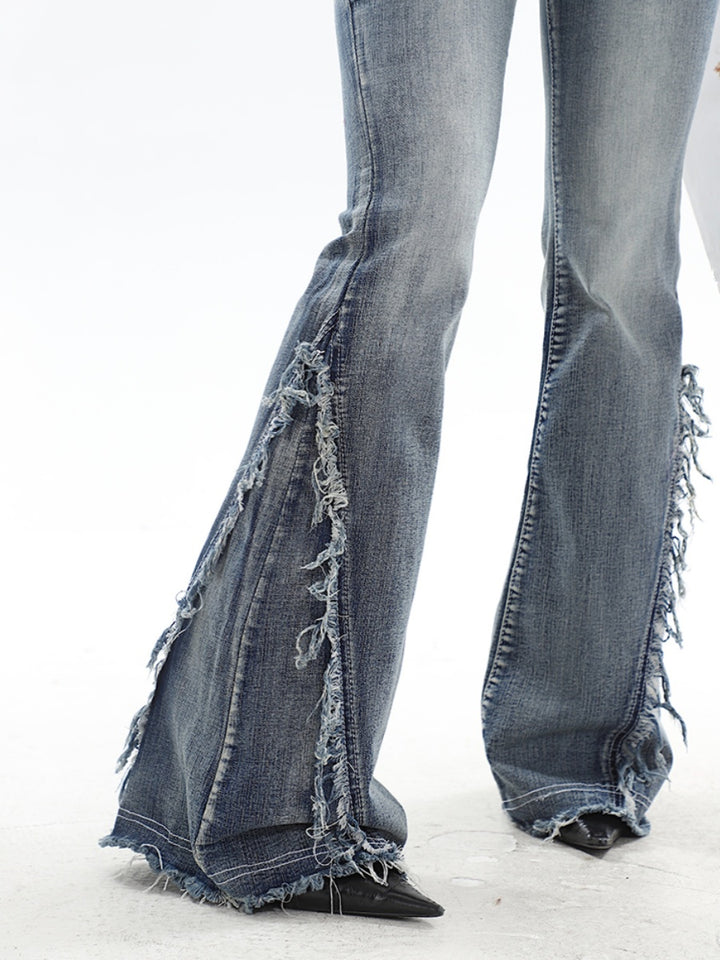 Washed Fringed Flared Skinny Pants