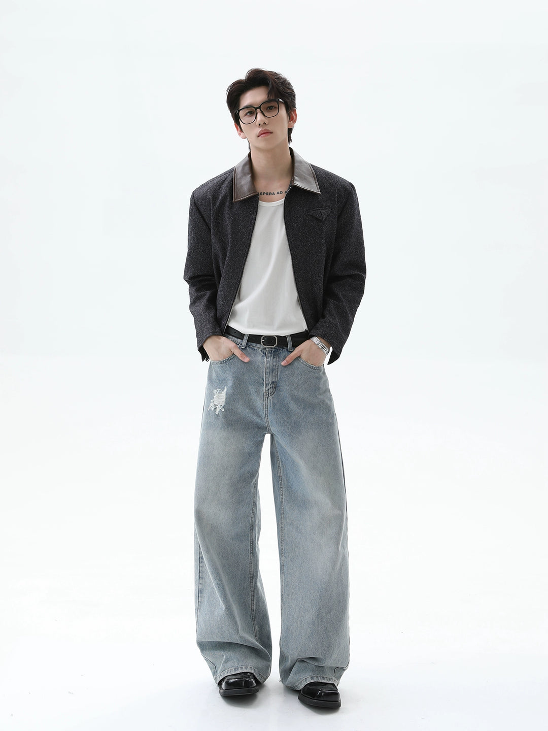 Leather Splicing Lapel Zipper Jacket