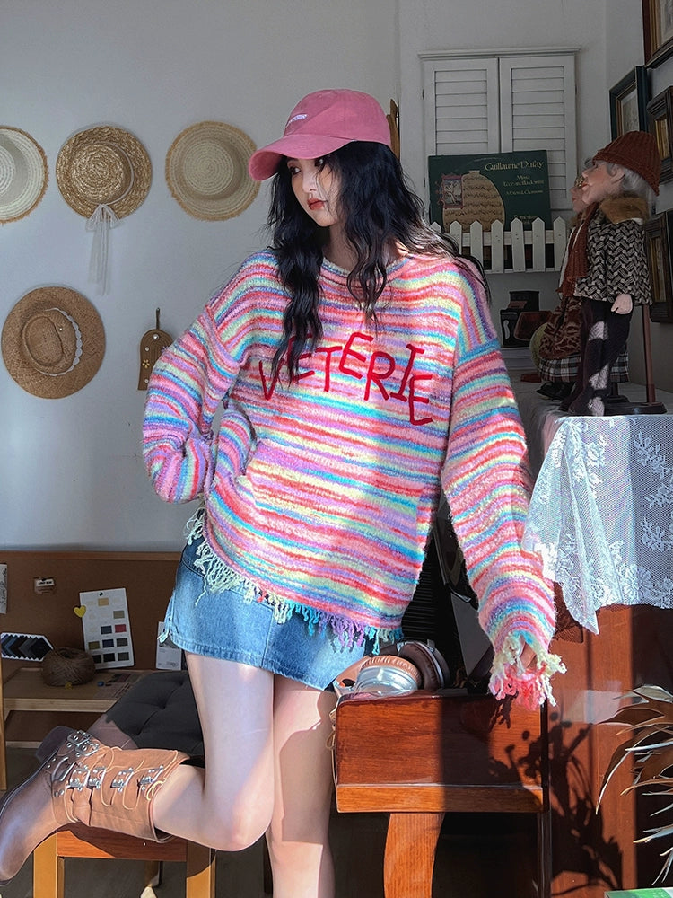 Retro Regenbogen gestreifter lockerer Strickpullover 