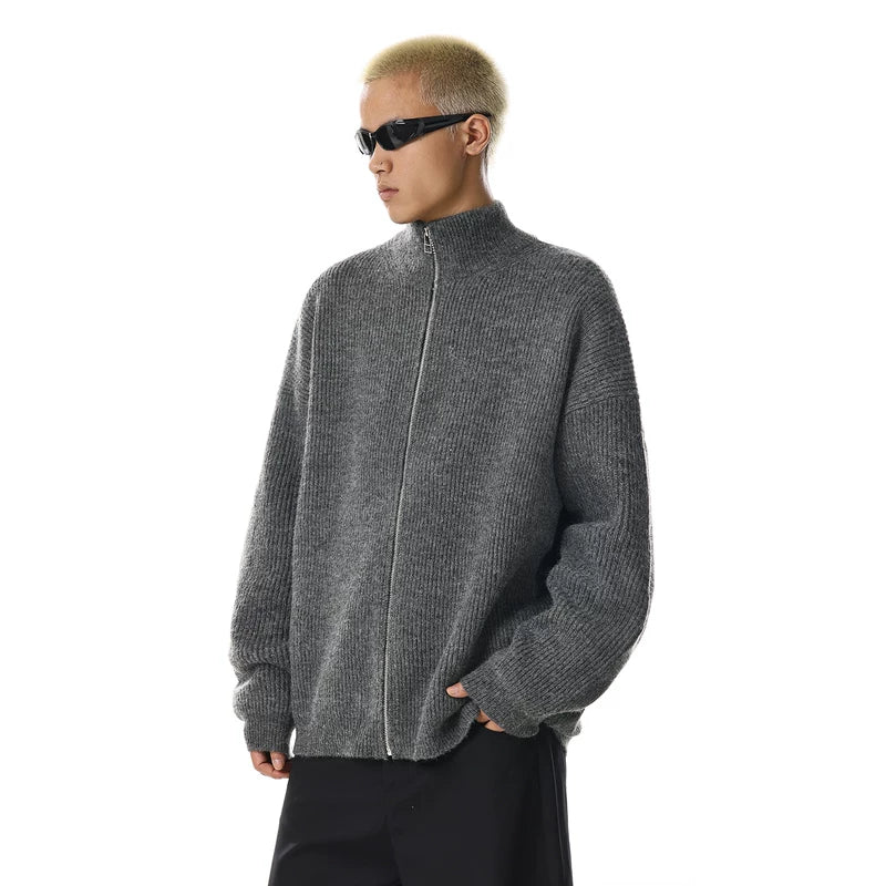 スタンドアップカラーのニットジップカーディガンセーター 