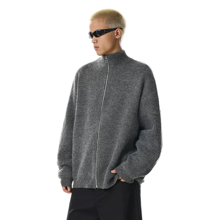 スタンドアップカラーのニットジップカーディガンセーター 