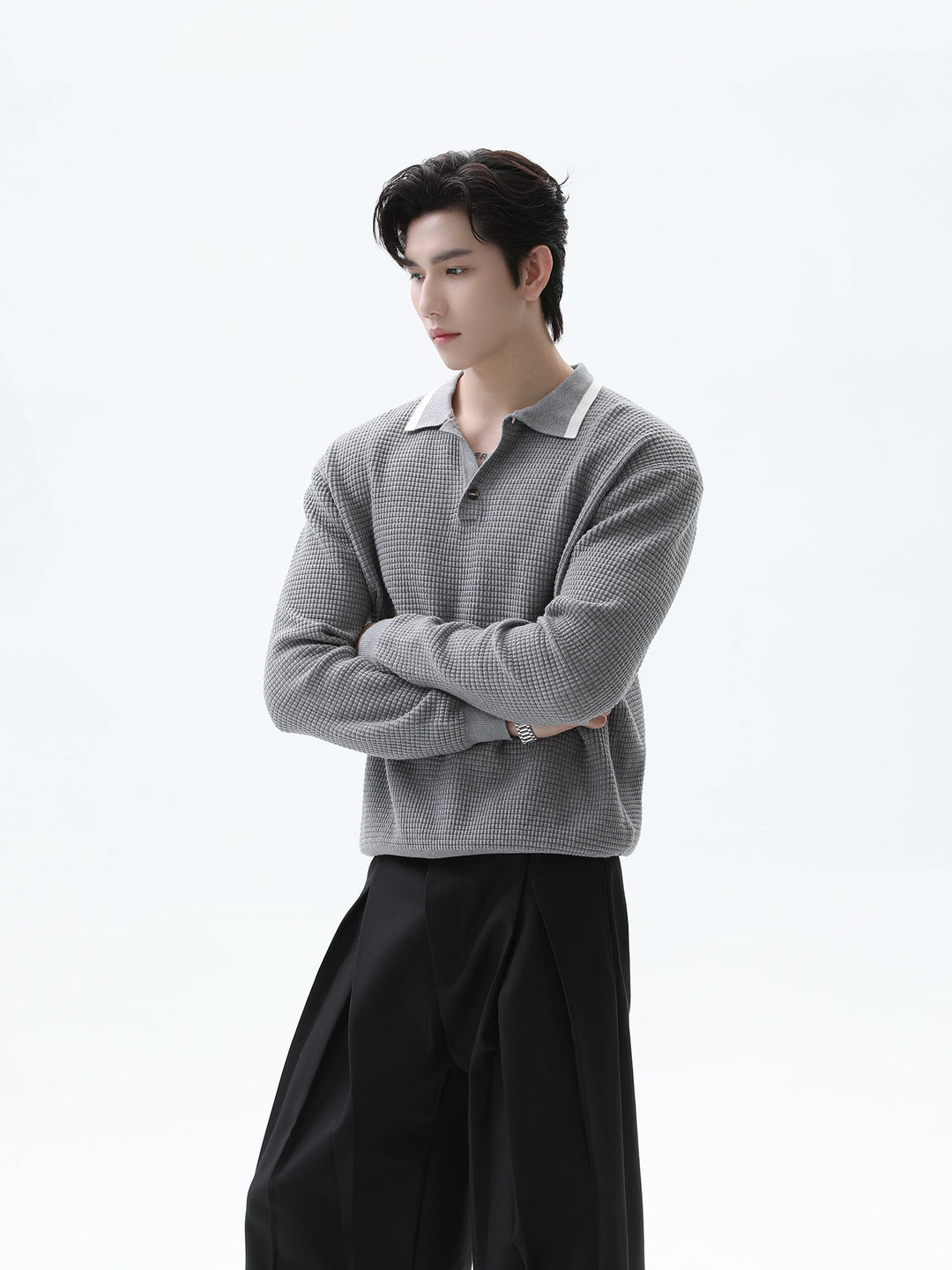 Knitted Lapel Long Sleeve Pullover