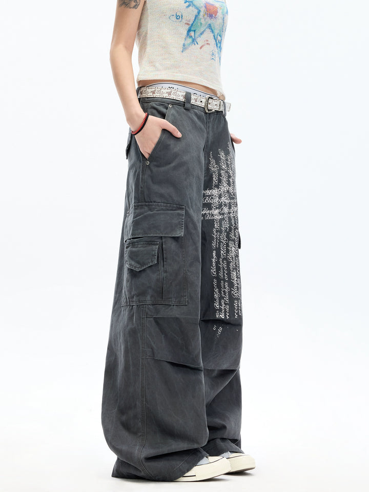 Letter Print Washed Cargo Pants