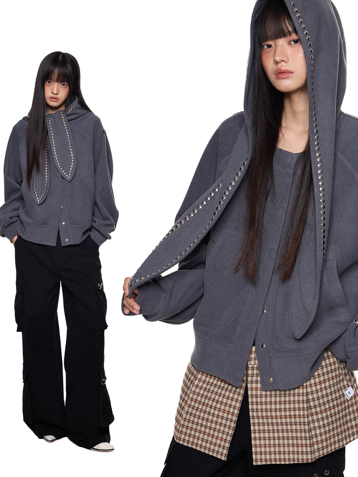 Rivet Hooded Rabbit Ear Sweatshirt Cardigan