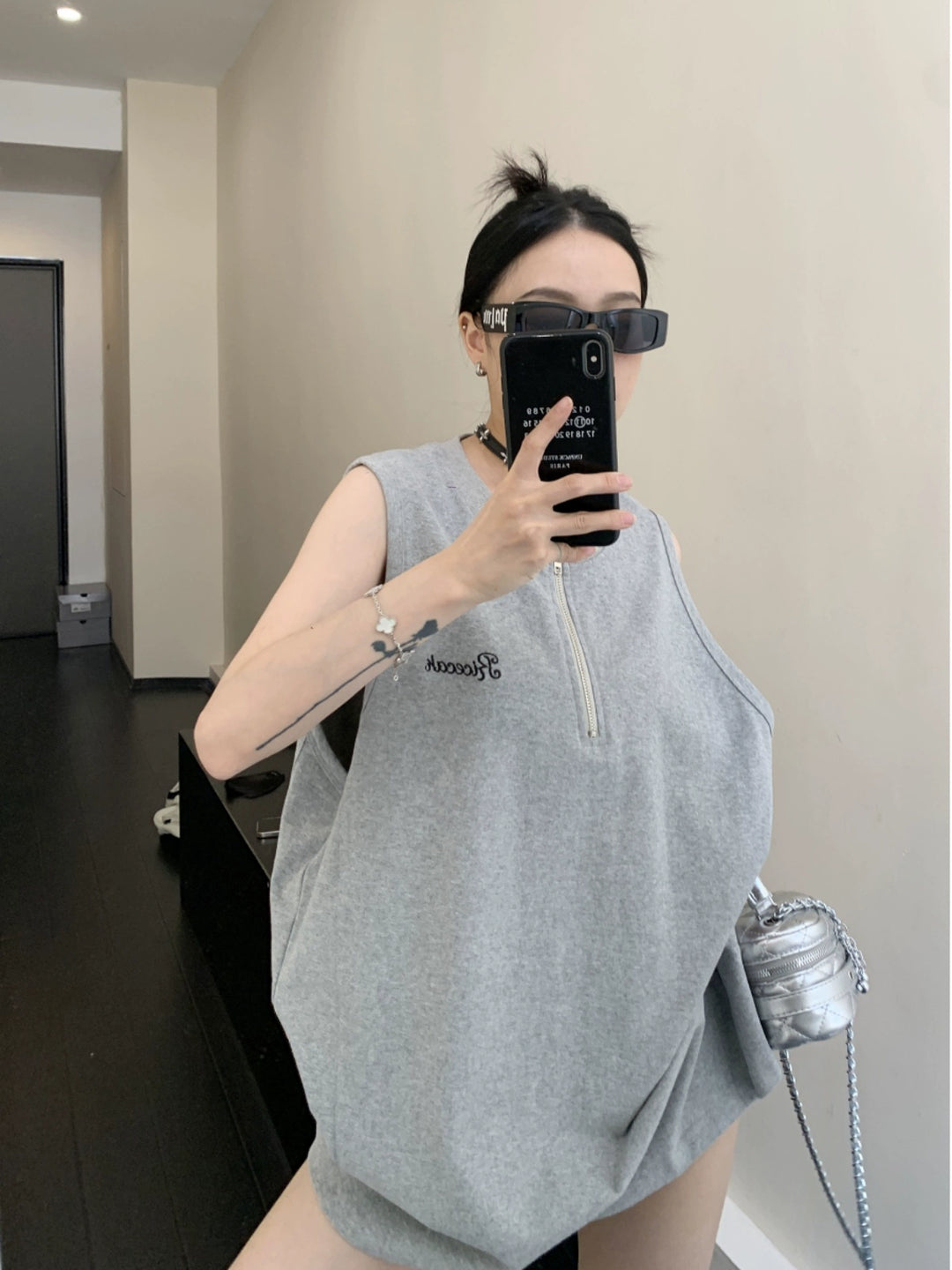 Zipper Embroidered Oversized Tank Top