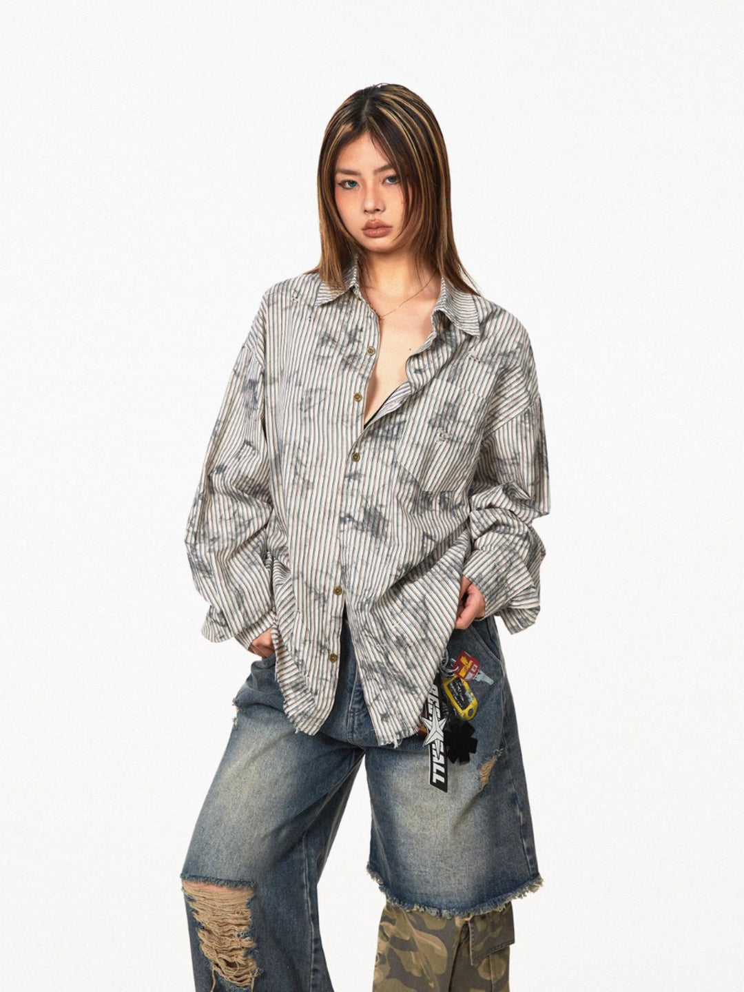 Retro Striped Tie-Dye Long-Sleeve Shirt