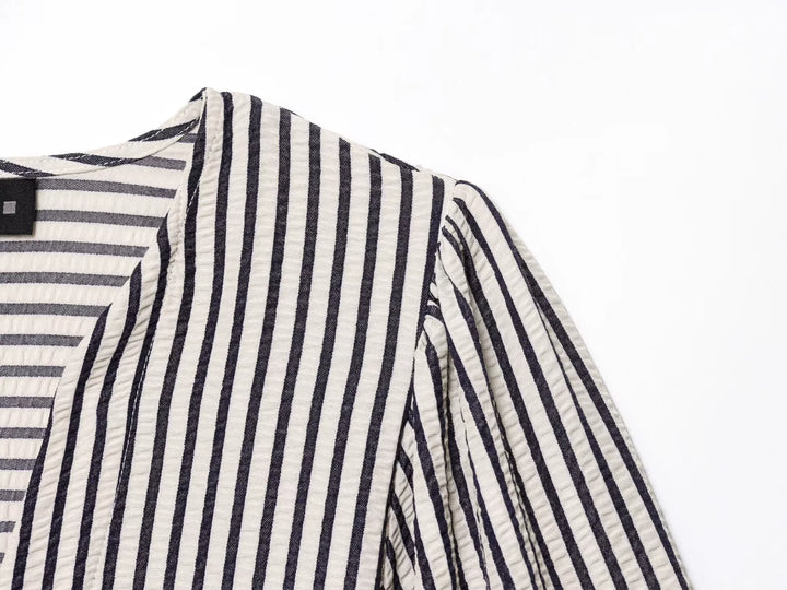 Striped V-Neck Bowknot Short Sleeve Blouse