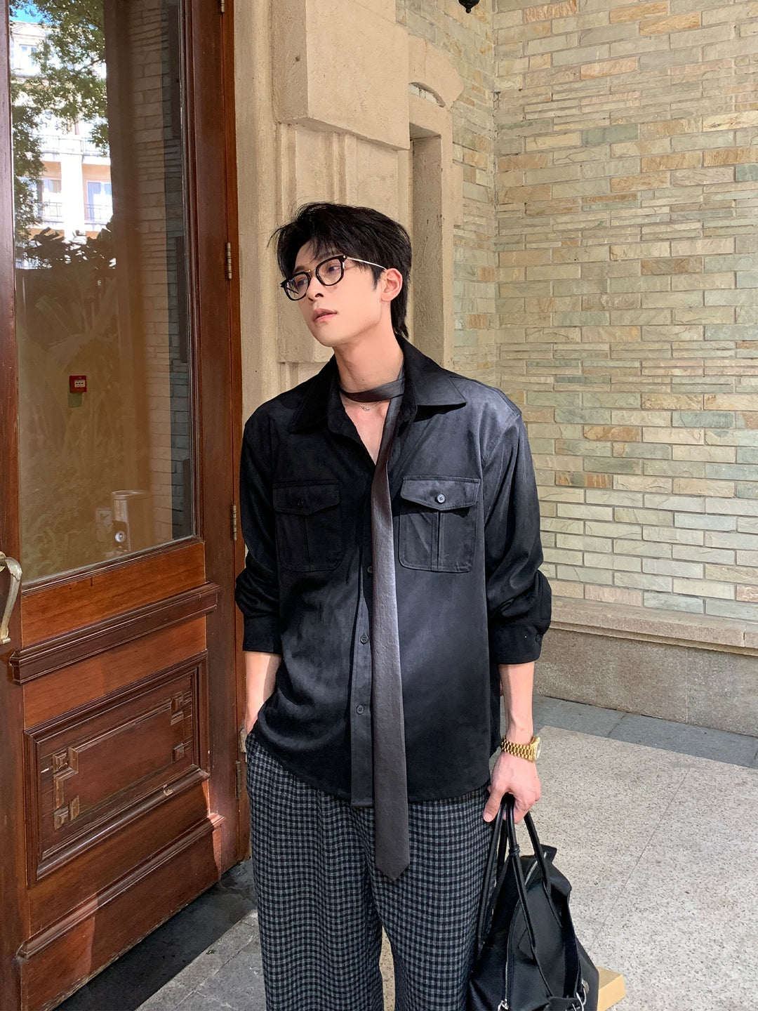 Suede Self-Tie Long Sleeve Shirt