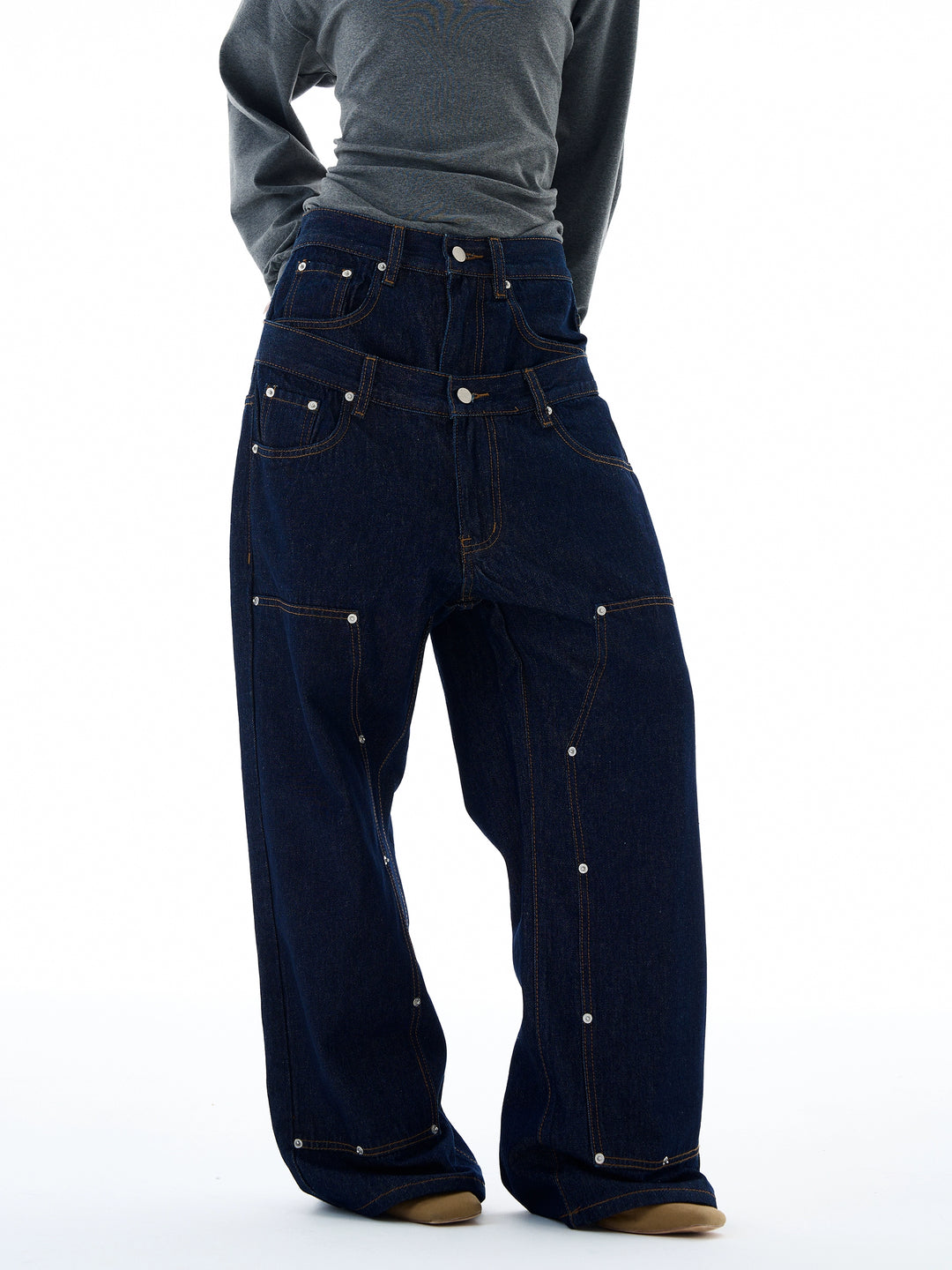 Pantalones de mezclilla de pierna ancha sueltos de cintura doble 